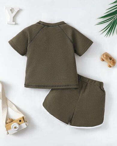Renotemy Toddler Baby Boy Boy Summer Clothes Waffle Short Sleeve T-Shirt +Short Pants Two Piece Solid Outfit Sports Short Set in Saudi Arabia