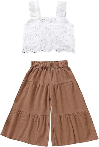 2PCS Baby Girl Flared Pants Sets, Sleeveless Strap Lace Crop Vest Tops + Wide-Leg Capris Pants in Saudi Arabia