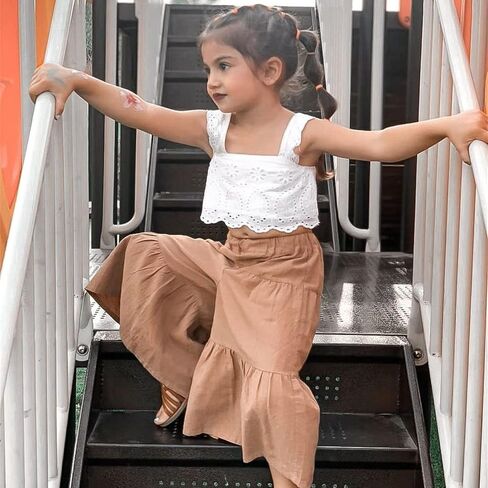 2PCS Baby Girl Flared Pants Sets, Sleeveless Strap Lace Crop Vest Tops + Wide-Leg Capris Pants in Saudi Arabia