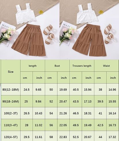 2PCS Baby Girl Flared Pants Sets, Sleeveless Strap Lace Crop Vest Tops + Wide-Leg Capris Pants in Saudi Arabia
