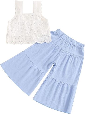 2PCS Baby Girl Flared Pants Sets, Sleeveless Strap Lace Crop Vest Tops + Wide-Leg Capris Pants in Saudi Arabia