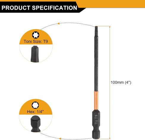 HARFINGTON 5pcs T9 Torx Head Screwdriver Bit 4" (100mm) Long 1/4" Hex Shank Magnetic No Hole Tamper Proof 6 Point Star Screw Driver Drill Bits Phosphate S2 Steel Industrial Power Tools in Saudi Arabia