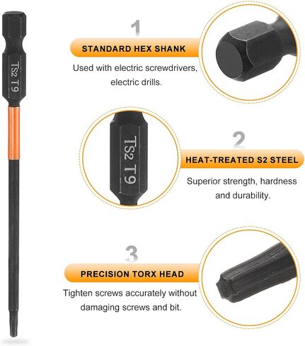 HARFINGTON 5pcs T9 Torx Head Screwdriver Bit 4" (100mm) Long 1/4" Hex Shank Magnetic No Hole Tamper Proof 6 Point Star Screw Driver Drill Bits Phosphate S2 Steel Industrial Power Tools in Saudi Arabia
