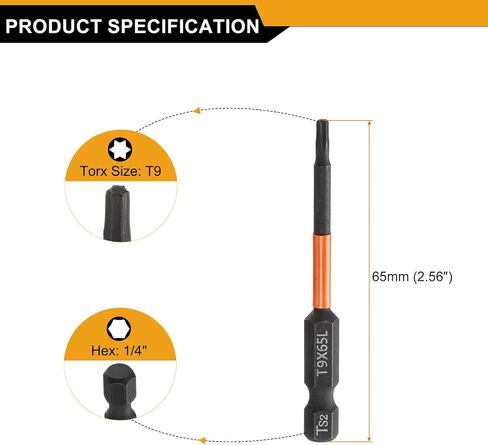Harfington 5pcs T9 Torx Head screwdriver bit 2.56 "(65mm) طوله 1/4" سداسي سداسي مغناطيسي لا يوجد دليل على جهاز تبادل لبرغي النجم 6 نقطة فوسفات S2 in Saudi Arabia