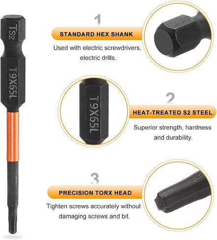 Harfington 5pcs T9 Torx Head screwdriver bit 2.56 "(65mm) طوله 1/4" سداسي سداسي مغناطيسي لا يوجد دليل على جهاز تبادل لبرغي النجم 6 نقطة فوسفات S2 in Saudi Arabia