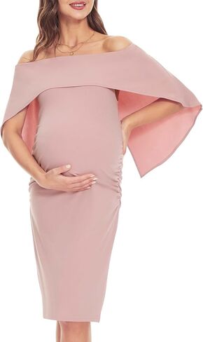 Peauty قبالة الكتف Batwing Cape فستان الأمومة/الجانب ruched midi فستان الطفل دش التقاط الصور الصيف in Kuwait