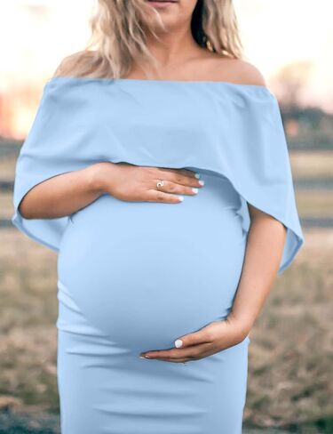 Peauty قبالة الكتف Batwing Cape فستان الأمومة/الجانب ruched midi فستان الطفل دش التقاط الصور الصيف in Kuwait