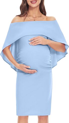 Peauty قبالة الكتف Batwing Cape فستان الأمومة/الجانب ruched midi فستان الطفل دش التقاط الصور الصيف in Kuwait
