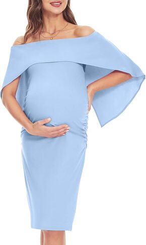 Peauty قبالة الكتف Batwing Cape فستان الأمومة/الجانب ruched midi فستان الطفل دش التقاط الصور الصيف in Kuwait