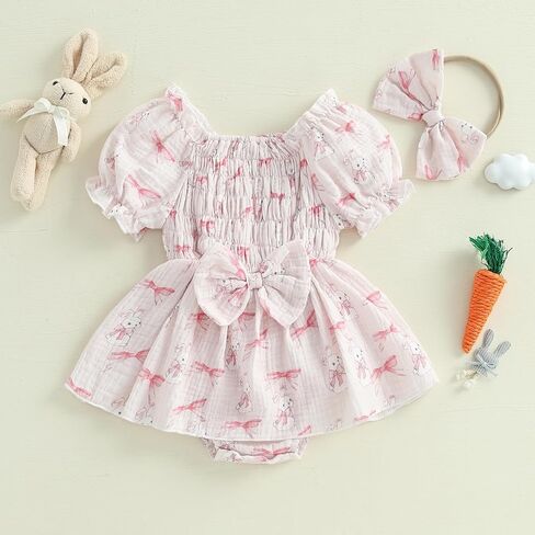 Newborn Baby Girl Easter Outfit Puff Bubble Onesie Romper Dress Bunny Smocked Jumpsuit Summer Clothes in Saudi Arabia