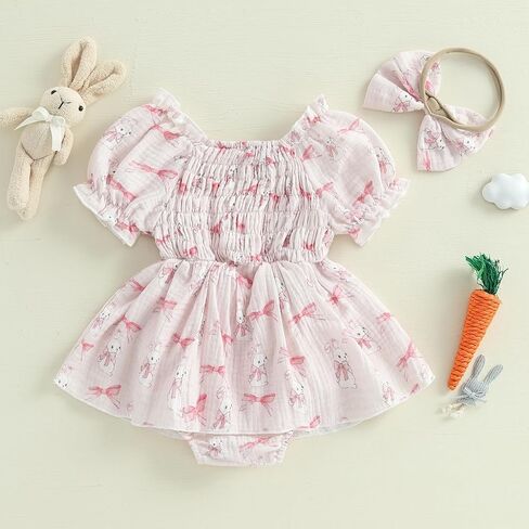 Newborn Baby Girl Easter Outfit Puff Bubble Onesie Romper Dress Bunny Smocked Jumpsuit Summer Clothes in Saudi Arabia