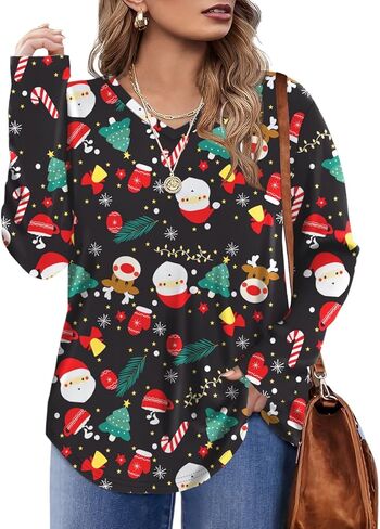 Rapbin Plus Size Tops for Women Long Sleeve Shirts V Neck Sweater Floral Blouses 2024 XL-5XL in Kuwait