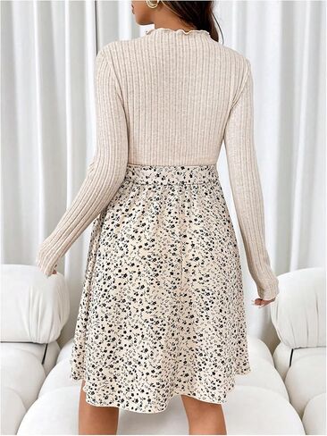 MakeMeChic Women's Maternity Midi Dress Ditsy Floral Mock Neck Rib Knit Long Sleeve Belted Pregnancy Dresses in Saudi Arabia