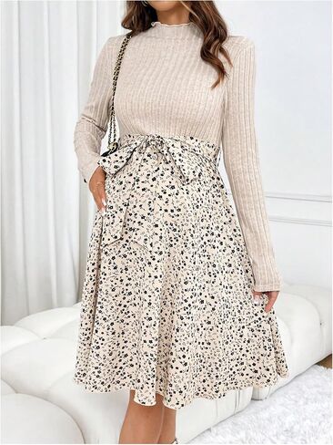 Makemechic النسائية الأمومة Midi فستان Ditsy الأزهار الدهنية الخنق ضلع متماسكة الأكمام الطويلة فساتين الحمل in Saudi Arabia