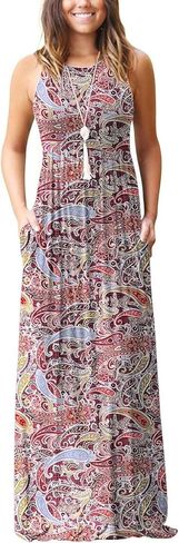 Euovmy المرأة بلا أكمام الفستان Maxi Dress عرضة الأزهار الصيفية فضفاضة العطلة الطويلة Maxi مع جيوب in Kuwait