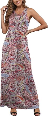 Euovmy المرأة بلا أكمام الفستان Maxi Dress عرضة الأزهار الصيفية فضفاضة العطلة الطويلة Maxi مع جيوب in Kuwait