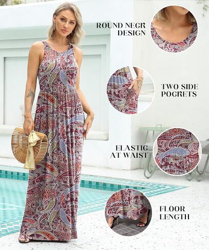 Euovmy المرأة بلا أكمام الفستان Maxi Dress عرضة الأزهار الصيفية فضفاضة العطلة الطويلة Maxi مع جيوب in Kuwait