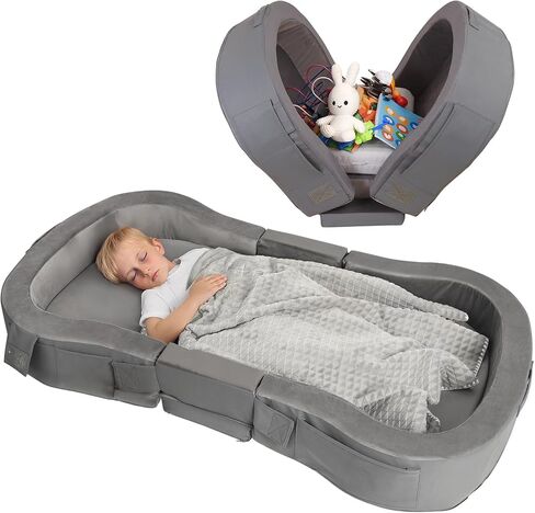 ENITYA Toddler Travel Bed, Folding Floor Cot for Travel, Portable Kids Bed for Sleeping, Washable Toddler Cot for Children 18M – 5yr Old, Grey in Kuwait