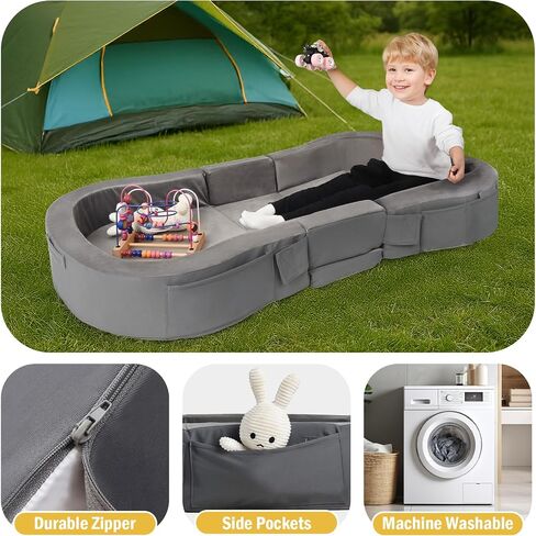 ENITYA Toddler Travel Bed, Folding Floor Cot for Travel, Portable Kids Bed for Sleeping, Washable Toddler Cot for Children 18M – 5yr Old, Grey in Kuwait