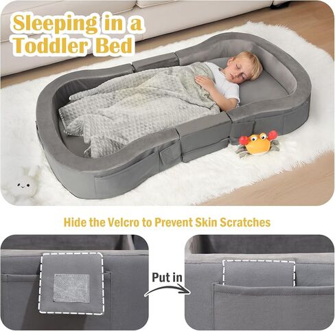 ENITYA Toddler Travel Bed, Folding Floor Cot for Travel, Portable Kids Bed for Sleeping, Washable Toddler Cot for Children 18M – 5yr Old, Grey in Kuwait