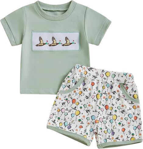 Toddler Kids Baby Boy Mallard Duck Embroidery Short Sleeve T-shirt and Shorts Set 2Pcs Summer Hunting Outfits in Saudi Arabia
