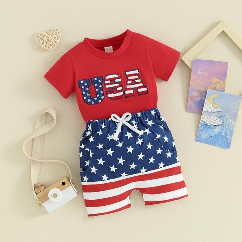 FOMOYUU Baby Boy Summer Flag Shorts Set Clothes for forth of July Outfits Infant Toddler Casual Boy Short Outfits in Kuwait