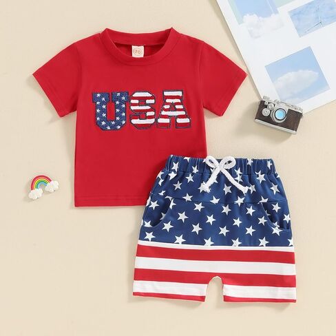 FOMOYUU Baby Boy Summer Flag Shorts Set Clothes for forth of July Outfits Infant Toddler Casual Boy Short Outfits in Kuwait