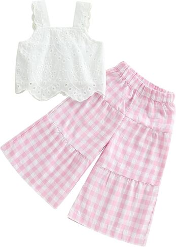 Toddler Baby Girl Outfit Summer Sleeveless Lace Hollow Out Crop Tank Tops Plaid Wide Leg Pants Set 2PCS Clothes in Saudi Arabia
