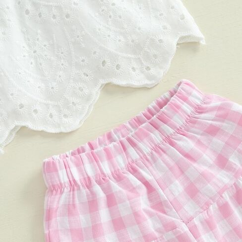 Toddler Baby Girl Outfit Summer Sleeveless Lace Hollow Out Crop Tank Tops Plaid Wide Leg Pants Set 2PCS Clothes in Saudi Arabia
