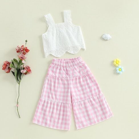 Toddler Baby Girl Outfit Summer Sleeveless Lace Hollow Out Crop Tank Tops Plaid Wide Leg Pants Set 2PCS Clothes in Saudi Arabia