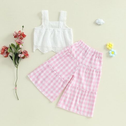 Toddler Baby Girl Outfit Summer Sleeveless Lace Hollow Out Crop Tank Tops Plaid Wide Leg Pants Set 2PCS Clothes in Saudi Arabia