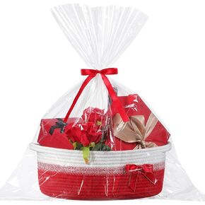 Colingmill Woven Gift Basket with Ribbons Bow Tie and Bag, Empty Decorative Chest Box, 14" X10" x 5.5", Woven Rope Basket Storage for Easter Gifts Empty with Handles Home Decor(Pink White)