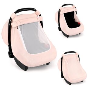 غطاء مقعد سيارة Hooyax Muslin - مظلة مقعد للسيارة في التنفس والخصوصية مع 3 أوضاع - تعبئة مربعات سهلة التثبيت ومربع ، ملاءمة عالمية لمقاعد السيارات الرضعية ، الوردي