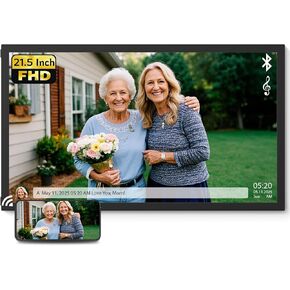 NexFoto 21.5 Inch Digital Picture Frame 64GB, Large Digital Photo Frame 1920x1080 IPS FHD, Remote Control, Easy to Share Photos/Videos via App & Email, Gifts for Mom, Light Wood