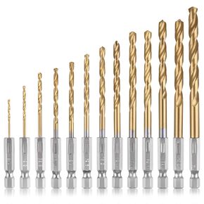 SPEEDWOX 13Pcs Titanium Twist Drill Bit Set 1/4 inch Hex Shank Drill Bit Set High Speed Steel Quick Change Hex Drilling Bit Twist Drill Bit Set Drill Bits for Metal Wood Plastic Aluminum, 1/16"-1/4"