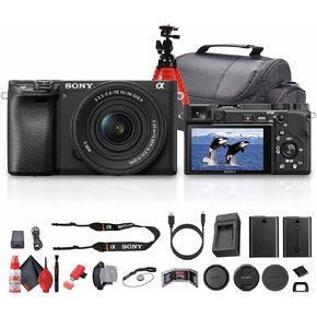 Sony a6400 Mirrorless Camera with 16-50mm f/3.5-5.6 II Lens (Black) (ILCE6400KB) + 64GB Memory Card + NP-FW50 + Camera Bag + Charger + Flexible Tripod + Cleaning Kit + HDMI Cable + More (Renewed)