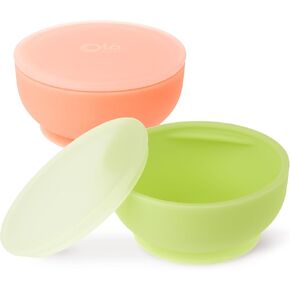 Olababy 100% Silicone Suction Bowl with Lid Bundle for Independent Feeding Baby and Toddler (Coral + Kiwi)