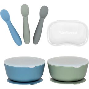 WeeSprout 2 Suction Bowls & 3 Baby Spoons with Travel Case Bundle - Silicone Baby Feeding Essentials - Leak-Proof Bowls with Lids - Soft Self-Feeding Spoons - Dishwasher Safe Toddler Dinnerware