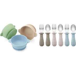PandaEar 3 Pack Baby Bowls & Toddler Utensils (Light Tan/Walnut/Blue)