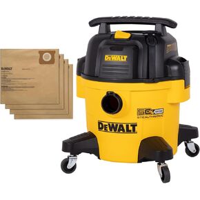 DEWALT 6 Gal Stealthsonic Shop Vacuum Wet and Dry, 5 Peak HP Poweful Suction Ultra-Quiet Vacuum Cleaner Bundle with 4PACK DXVA19-4101 Dust Bags - Ideal for Job Sites, Workshops & Garages