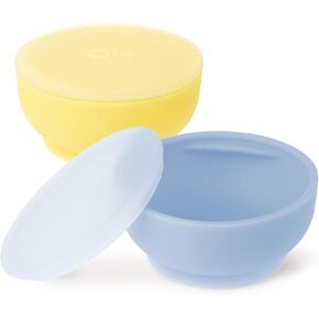 Olababy 100% Silicone Suction Bowl with Lid Bundle for Independent Feeding Baby and Toddler (Lemon + Blueberry)