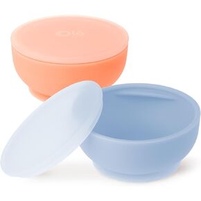 Olababy 100% Silicone Suction Bowl with Lid Bundle for Independent Feeding Baby and Toddler (Coral + Blueberry)