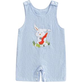 SAYOO Newborn Baby Boy Easter Outfit Sleeveless Embroidery Striped Bunny Eggs Romper Jumpsuit Infant First Easter Shortalls