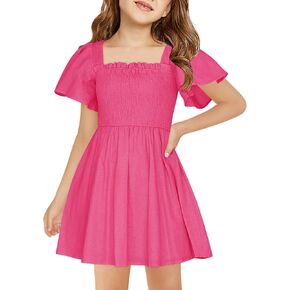 Haloumoning Girls Ruffle Short Sleeve Smocked Summer Dress Kids Square Neck A Line Flowy Mini Dresses 5-14 Years