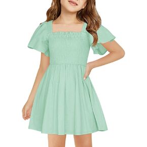 Haloumoning Girls Ruffle Short Sleeve Smocked Summer Dress Kids Square Neck A Line Flowy Mini Dresses 5-14 Years