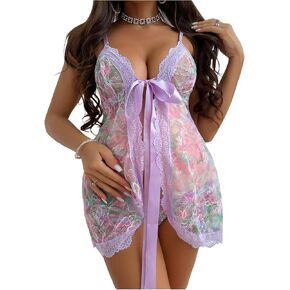 MakeMeChic Women's Maternity 2 Piece Lingerie Set Floral Lace Sheer Babydoll Bow Tie Chemise Sleepwear