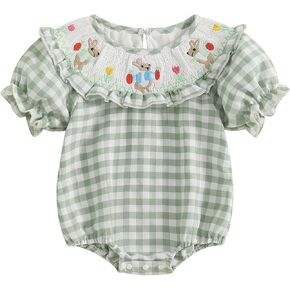 Baby Girl Easter Outfit Cute Puff Sleeve Bunny Bubble Smocked Romper Bodysuit Infant Spring Clothes