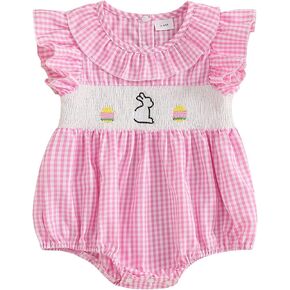 Newborn Baby Girl Easter Outfit Bunny Embroidery Smocked Bubble Romper Ruffle Sleeveless Bodysuit Spring Clothes