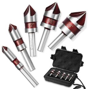5pcs cobalt 5-fluteink practink bit bit set-m35 82 درجة مقطوعة أداة الشطب مجموعة للمعادن ، الفولاذ المقاوم للصدأ ، النحاس ، الخشب ، لوح الألياف ، sae 3/4 "، 5/8" ، 1/2 "، 3/8" ، 1/4 "، مع Tri-Flats Shank