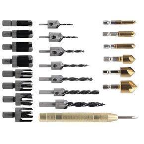 23 Pack Wood Chamfer Tool Set, Included 8pcs Wood Plug Cutter Drill Bit Set, 7pcs Three Pointed Countersink Drill Bit, 6pcs Countersink Drill Bits (5 Flute, 90 Degree), L-Wrench & Automatic